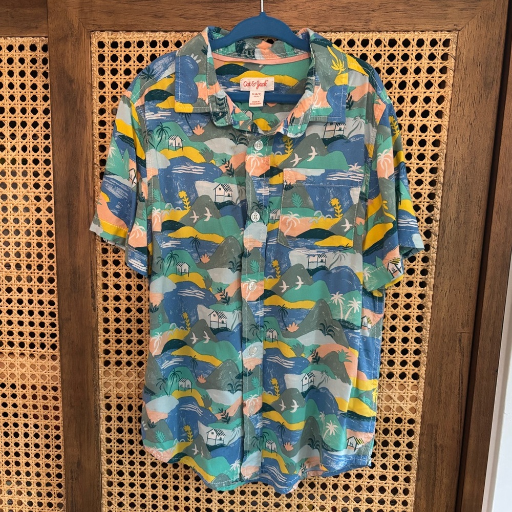 Cat & Jack Short Sleeve Tropical Camp Shirt - Teal, Blue, Yellow